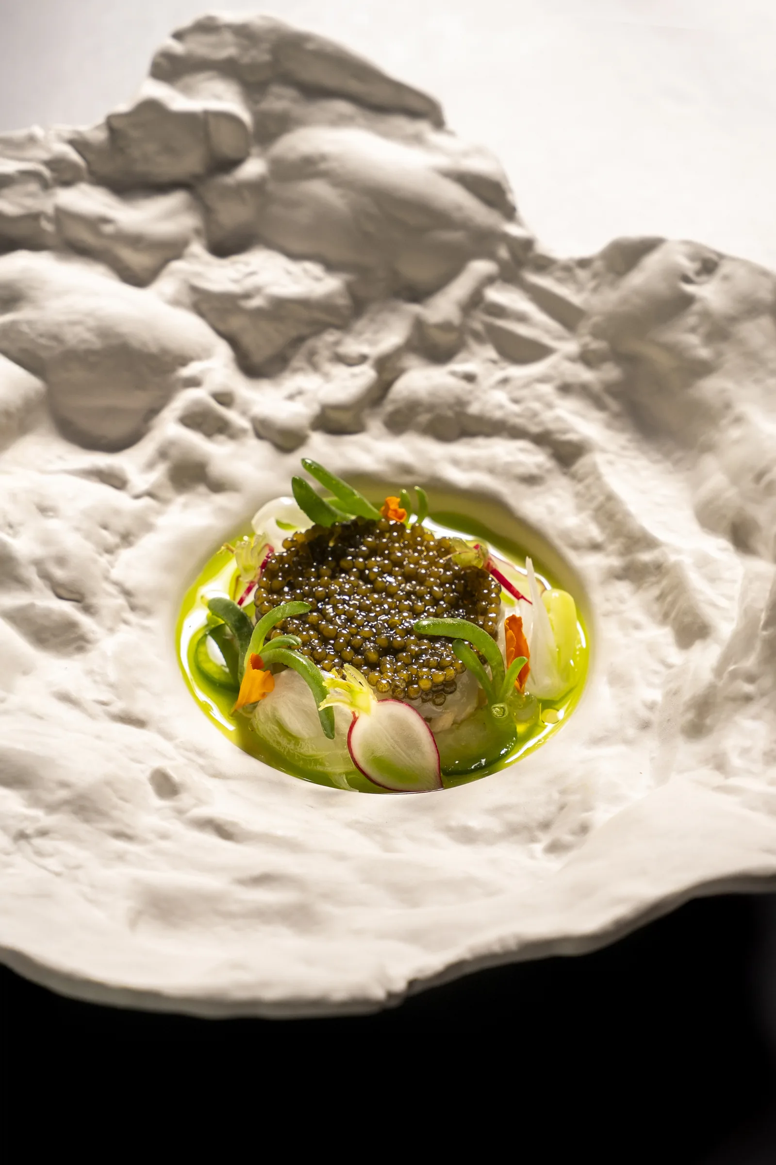 Caviar and crudité with olive oil served on a sculptural white stone plate — detail
