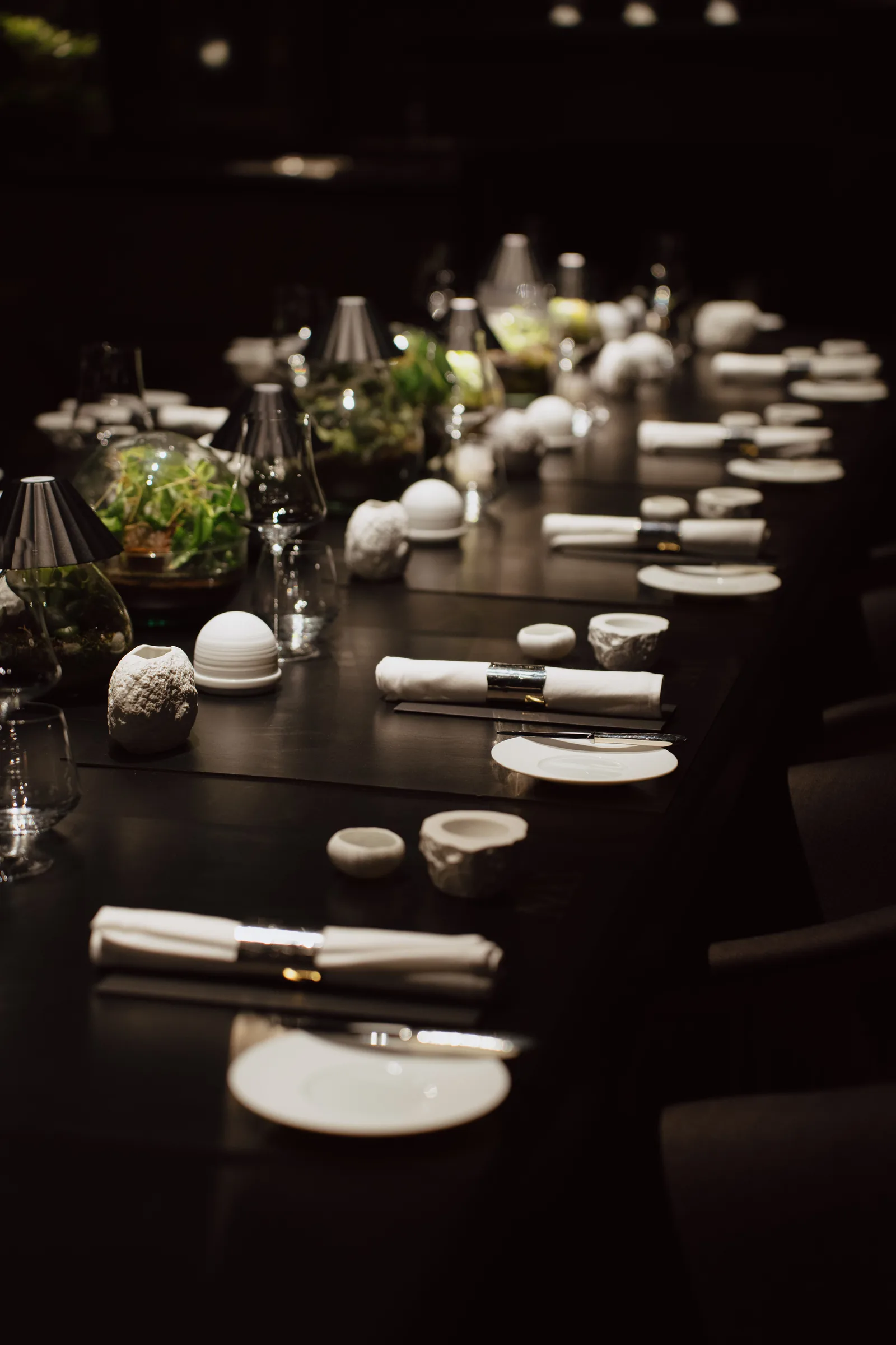 The long table set for dinner in low ambient light — napkins, ceramics, and terrarium centerpieces