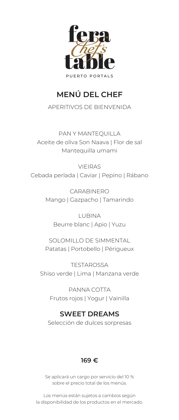 Menú Chef — menú degustación completo, 169 euros