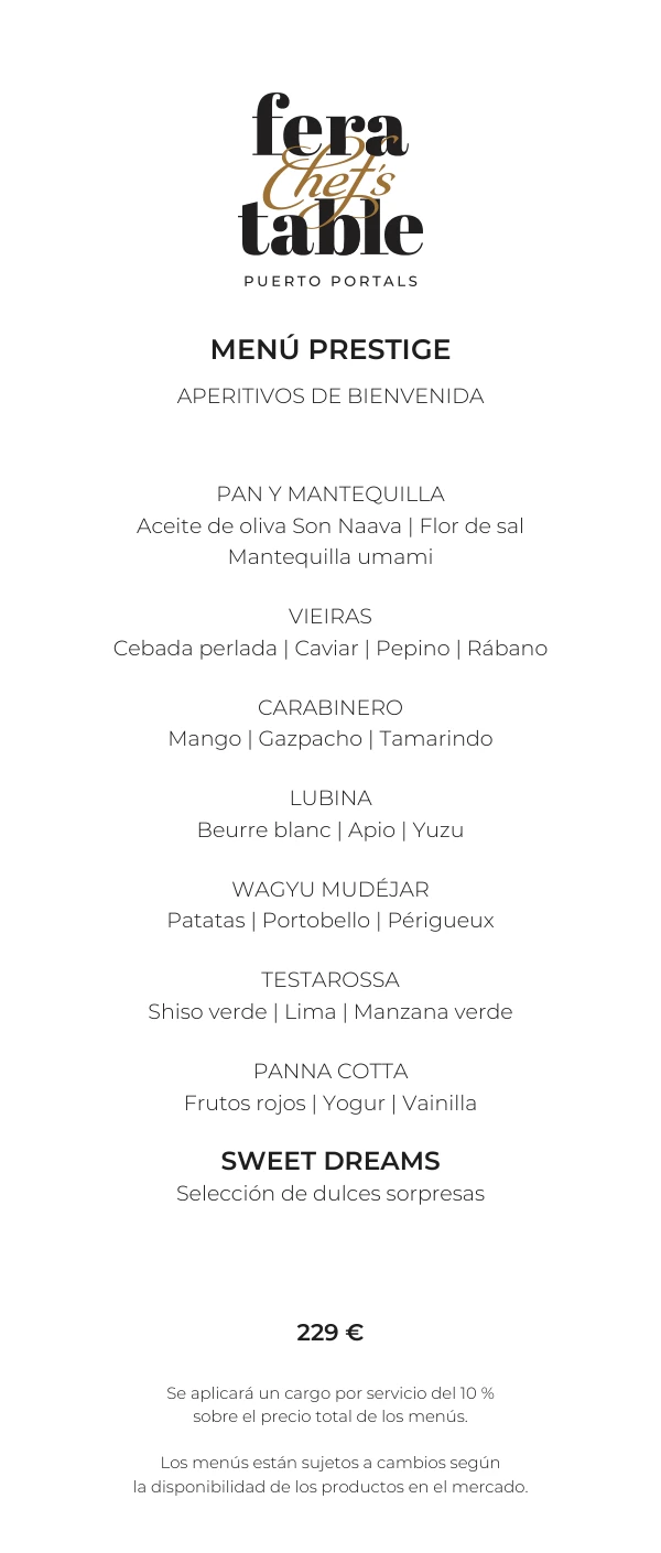 Menú Prestige — menú degustación completo, 229 euros